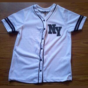 NWOT Girls Jersey Shirt 10/12 White Mesh NY V‑Neck Button‑Up Polyester